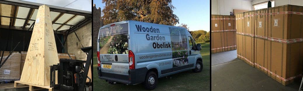 wooden garden obelisk delivery, loading onto lorry, van and packed products in workshop